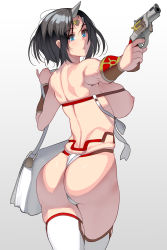 Rule 34 | 1girl, absurdres, aiming, ass, bag, black hair, blue eyes, breasts, fundoshi, gradient background, gun, handgun, hands up, highres, holding, holding gun, holding weapon, horns, japanese clothes, kouno (masao), large breasts, nipples, original, parted lips, revealing clothes, revolver, short hair, shoulder bag, sideboob, simple background, single horn, skindentation, solo, thighhighs, weapon, white thighhighs
