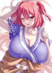 Rule 34 | 1girl, arm behind head, breasts, cleavage, collarbone, commentary, flower, hair between eyes, hair bobbles, hair ornament, highres, huge breasts, looking at viewer, mirufui, obi, one eye closed, onozuka komachi, open mouth, red eyes, red hair, sash, short sleeves, solo, spider lily, touhou, two side up, upper body, white background