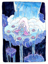 Rule 34 | 1girl, colored skin, commentary, english commentary, extra arms, flower, forehead jewel, grace kraft, highres, long hair, meditation, opal (steven universe), painting (medium), pink flower, ponytail, purple skin, sitting, solo, steven universe, traditional media, very long hair, watercolor (medium)
