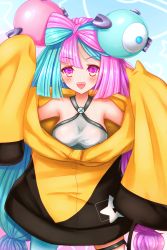Rule 34 | 1girl, blush, breasts, character hair ornament, commentary request, creatures (company), game freak, hair ornament, hands up, highres, iono (pokemon), jacket, long hair, looking at viewer, nintendo, open mouth, orbit7rubchan, pantyhose, pink hair, pokemon, pokemon sv, sharp teeth, shirt, single leg pantyhose, sleeveless, sleeveless shirt, sleeves past fingers, sleeves past wrists, solo, teeth, thigh strap, twintails, upper teeth only, yellow jacket