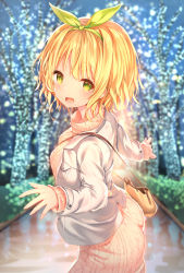Rule 34 | 1girl, :d, aran sweater, ass, bag, blonde hair, blurry, blurry background, blush, breasts, brown dress, cable knit, commentary request, depth of field, dress, green eyes, green ribbon, grey jacket, hair ribbon, highres, jacket, kawaikereba hentai demo suki ni natte kuremasu ka?, koga yuika, long sleeves, looking at viewer, looking to the side, open clothes, open jacket, open mouth, ribbon, shoulder bag, sleeves past wrists, small breasts, smile, solo, sune (mugendai), sweater, sweater dress, turtleneck, turtleneck sweater