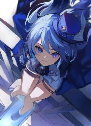 Rule 34 | 1girl, blue eyes, blue hair, from above, furina (genshin impact), genshin impact, gloves, hat, highres, looking up, potetwo 2, sitting, solo