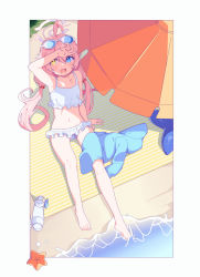 Rule 34 | 1girl, ahoge, bad id, bad pixiv id, barefoot, beach, beach towel, beach umbrella, bikini, blue archive, blush, day, eyewear on head, frilled bikini, frills, from above, hair between eyes, hair bobbles, hair ornament, halo, heterochromia, highres, hoshino (blue archive), hoshino (swimsuit) (blue archive), inflatable toy, jacket, long hair, looking at viewer, low twintails, marudeningen, open mouth, pink hair, sandals, shoes, sitting, solo, starfish, sunglasses, swimsuit, towel, twintails, umbrella, unworn jacket, unworn sandals, unworn shoes, water, white bikini, yellow eyes