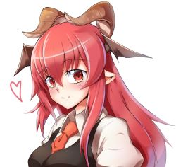 Rule 34 | 1girl, closed mouth, demon horns, hair between eyes, heart, highres, horns, koakuma, long hair, looking at viewer, necktie, pointy ears, puffy sleeves, red eyes, red hair, red necktie, ryuuno stadtfeld, simple background, smile, solo, touhou, upper body, vest, white background, wing collar