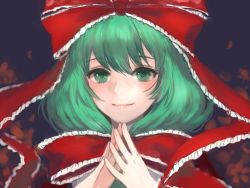 Rule 34 | 1girl, commentary request, fingers together, green eyes, green hair, hair ribbon, hands up, kagiyama hina, looking at viewer, red ribbon, ribbon, romiy, short hair, smile, solo, touhou, upper body