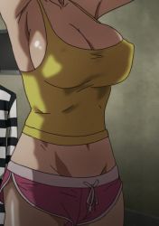Rule 34 | 10s, 1boy, 1girl, animated, animated gif, anime screenshot, breasts, cleavage, huge breasts, lowres, nezu jouji, prison school, shiraki meiko, short shorts, shorts
