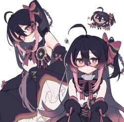 Rule 34 | 1girl, ahoge, black hair, blush, bow, bowtie, chibi, closed mouth, commission, detached sleeves, diamond-shaped pupils, diamond (shape), frilled sleeves, frills, hair between eyes, hair bow, highres, long bangs, long hair, looking at viewer, multicolored hair, multiple views, napenasupe, notice lines, one side up, original, pink eyes, pink hair, red-framed eyewear, semi-rimless eyewear, simple background, skeb commission, sleeves past fingers, sleeves past wrists, squiggle, streaked hair, sweat, symbol-shaped pupils, two-tone hair, under-rim eyewear, white background