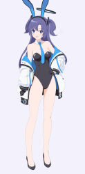 Rule 34 | 1girl, absurdres, animal ears, black footwear, black gloves, black leotard, blue archive, blue necktie, blush, breasts, cleavage, collarbone, commentary request, detached collar, fake animal ears, flatfield, full body, gloves, half gloves, halo, hand on own hip, high heels, highres, jacket, leotard, looking at viewer, medium breasts, necktie, off shoulder, open clothes, open jacket, open mouth, parted bangs, playboy bunny, purple eyes, purple hair, sidelocks, solo, standing, two-sided fabric, two-sided jacket, two side up, white jacket, yuuka (blue archive)