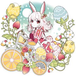 Rule 34 | 1girl, animal ears, apron, arm support, blue background, blunt bangs, braid, commentary, daisy, dress, easter, egg, elina (e2n04n), flower, food, frilled dress, frills, fruit, gradient background, leaf, light smile, long sleeves, looking at viewer, musical note, orange (fruit), orange slice, original, plant, puffy sleeves, rabbit ears, red dress, red eyes, red flower, red rose, rose, short hair, side braid, signature, solo, strawberry, upper body, vines, wavy hair, white apron, white background, white flower, white hair