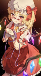 Rule 34 | 1girl, absurdres, ascot, blonde hair, blood, blood on clothes, blood on face, blood on hands, blush, closed mouth, collar, collared shirt, fingernails, flandre scarlet, frilled shirt collar, frilled skirt, frills, hat, highres, holding, holding collar, long hair, looking at viewer, maruta (shummylass), nail polish, one side up, orange ascot, red eyes, red nails, red skirt, red vest, shirt, skirt, smile, solo, touhou, vest, white hat, white shirt, winged hat, wrist cuffs