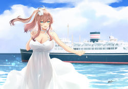 Rule 34 | 1girl, blue eyes, blush, breasts, brown hair, cleavage, collarbone, day, dress, hair between eyes, highres, kantai collection, large breasts, long hair, odachu, open mouth, saratoga (kancolle), ship, side ponytail, signature, smile, solo, upper body, watercraft, white dress