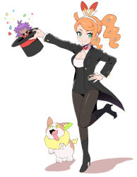 Rule 34 | 1girl, alternate costume, black footwear, boots, breasts, buttons, cleavage, closed mouth, commentary request, creatures (company), dede (qwea 00000), eyelashes, game freak, gen 8 pokemon, green eyes, hair ornament, hairband, hand on own hip, hat, heart, heart hair ornament, high heel boots, high heels, holding, holding clothes, holding hat, korean commentary, leg up, leon (pokemon), long hair, long sleeves, looking at viewer, nintendo, orange hair, outstretched arm, pantyhose, pokemon, pokemon (creature), pokemon swsh, side ponytail, smile, sonia (pokemon), tailcoat, top hat, unworn hat, unworn headwear, white background, white hairband, yamper