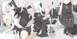 Rule 34 | 1girl, :d, ^^^, ass, black dress, black panties, breasts, butterfly hair ornament, chair, closed eyes, colored eyelashes, covered navel, disembodied hand, dress, echidna (re:zero), finger in another&#039;s mouth, grabbing, grabbing another&#039;s breast, grey background, hair between eyes, hair ornament, holding another&#039;s wrist, long hair, looking at viewer, medium breasts, multiple views, on chair, one eye closed, open mouth, outstretched arms, panties, re:zero kara hajimeru isekai seikatsu, red eyes, shiseki hirame, simple background, sitting, smile, solo focus, striped clothes, striped dress, underwear, vertical-striped clothes, vertical-striped dress, white hair