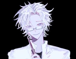 Rule 34 | 1boy, absurdres, black background, black shirt, blue eyes, chinese commentary, commentary request, glasses, highres, holding, holding knife, jacket, kanou aogu, knife, looking at viewer, male focus, open clothes, open jacket, portrait, rectangular eyewear, rvadonghua, saibou shinkyoku, semi-rimless eyewear, shirt, short hair, simple background, smile, solo, white hair, white jacket