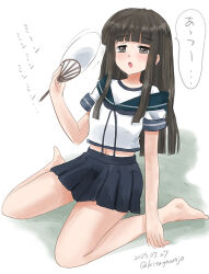 Rule 34 | 1girl, black hair, blue sailor collar, blue skirt, blunt bangs, brown eyes, commentary request, fanning self, hand fan, hatsuyuki (kancolle), hime cut, hot, kantai collection, kitagawa mikio, long hair, one-hour drawing challenge, paper fan, pleated skirt, sailor collar, school uniform, serafuku, simple background, sitting, skirt, solo, uchiwa, wariza, white background