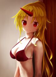 Rule 34 | 1girl, bikini, blush, breasts, closed mouth, commentary request, highres, horns, hoshiguma yuugi, indoors, long hair, looking at viewer, medium breasts, navel, oni horns, photo-referenced, ponytail, red bikini, red eyes, sideboob, sidelighting, single horn, smile, solo, suigetsu (watermoon-910), swimsuit, touhou, upper body, very long hair, wall