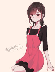 Rule 34 | !, 1girl, arm support, asahina hiyori, black eyes, black hair, black shirt, black shorts, blunt bangs, brown hair, casual, closed mouth, collarbone, cropped legs, dated, english text, flying sweatdrops, gradient hair, hair over shoulder, happy birthday, highres, kagerou project, looking away, low twintails, multicolored hair, off-shoulder shirt, off shoulder, overalls, pink overalls, pink skirt, rax (pixiv 47057609), shirt, shorts, simple background, sitting, skirt, sleeves past elbows, solo, twintails, white background