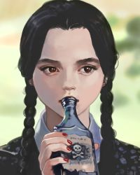 Rule 34 | 1girl, addams family, blurry, blurry background, bottle, braid, brown eyes, highres, holding, holding bottle, little thunder, nail polish, parted bangs, photo-referenced, poison, portrait, red nails, solo, twin braids, twintails, wednesday addams