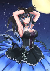 Rule 34 | 1girl, armpits, arms up, bad id, bad pixiv id, bare shoulders, black hair, blue eyes, blush, breasts, cleavage, dated, edelweiss (wsparkz), highres, idolmaster, idolmaster cinderella girls, idolmaster cinderella girls starlight stage, large breasts, long hair, looking at viewer, sagisawa fumika, smile, solo
