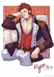 Rule 34 | 1boy, bara, cropped legs, elbow rest, epaulettes, facial hair, fate/grand order, fate (series), goatee, head tilt, highres, large pectorals, long sideburns, long sleeves, looking at viewer, mature male, muscular, muscular male, napoleon bonaparte (fate), open clothes, pectoral cleavage, pectorals, riyshan jiang, sideburns, solo