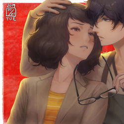 Rule 34 | 1boy, 1girl, age difference, amamiya ren, black hair, blazer, blush, couple, eyelashes, face-to-face, glasses, half-closed eyes, hand on another&#039;s head, highres, holding, holding removed eyewear, ikeda (cpt), imminent kiss, jacket, kawakami sadayo, leaning on person, long sleeves, looking at another, nose, parted lips, persona, persona 5, shirt, short hair, striped clothes, striped shirt, teacher and student, unworn eyewear, upper body, wavy hair, yellow shirt