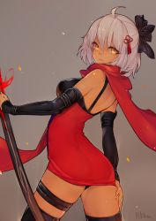 Rule 34 | 1girl, ahoge, arm guards, black bow, black panties, bow, commentary, dark-skinned female, dark skin, dress, fate/grand order, fate (series), grey background, hair between eyes, hair bow, holding, holding sword, holding weapon, katana, long hair, okita souji (fate), okita souji alter (fate), okita souji alter (first ascension) (fate), panties, pantyshot, pikkumyy, red dress, red scarf, scabbard, scarf, sheath, sheathed, solo, sword, tassel, thigh strap, thighhighs, underwear, weapon, white hair, yellow eyes, zettai ryouiki