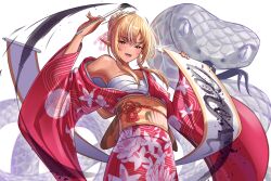 1girl absurdres alternate_costume blonde_hair breasts calligraphy_brush chest_sarashi chinese_zodiac dark-skinned_female dark_elf dark_skin elf floral_print floral_print_kimono highres holding holding_calligraphy_brush holding_paintbrush hololive japanese_clothes kimono long_hair medium_breasts mintea_(minteashake) multicolored_hair obi open_mouth paintbrush pointy_ears red_kimono sarashi sash shiranui_flare sidelocks smile solo streaked_hair virtual_youtuber white_hair year_of_the_snake yellow_eyes yellow_sash