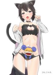 Rule 34 | 10s, 1girl, 2016, :o, ama mitsuki, animal ears, ass, bare shoulders, bell, neck bell, black bra, black hair, black panties, black skirt, blush, bra, breasts, cat cutout, cat ear panties, cat ears, cat lingerie, cat tail, choker, cleavage, cleavage cutout, clothing cutout, collarbone, commentary request, dated, closed eyes, fangs, gluteal fold, hayasui (kancolle), jacket, jingle bell, kantai collection, long sleeves, looking at viewer, medium breasts, meme attire, midriff, navel, open clothes, open jacket, open mouth, panties, paw pose, short hair, side-tie panties, grey eyes, simple background, skirt, unworn skirt, solo, standing, stomach, tail, thigh gap, thighs, track jacket, underwear, white background, zipper