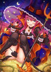 Rule 34 | 1girl, black thighhighs, blue eyes, blush, capelet, chie00chan, closed mouth, cowboy shot, detached sleeves, dress, elizabeth bathory (fate), elizabeth bathory (halloween caster) (fate), fangs, fate/grand order, fate (series), hair between eyes, halloween, hat, highres, horns, long hair, looking at viewer, open mouth, panties, purple hair, sidelocks, skirt, smile, solo, striped clothes, striped panties, thighhighs, underwear, vertical stripes, watermark, web address, witch hat