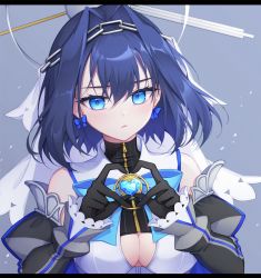 Rule 34 | 1girl, black gloves, blue bow, blue eyes, blue hair, blush, bow, bow earrings, breasts, chain, chain headband, cleavage, closed mouth, commentary, detached sleeves, earrings, gloves, hair between eyes, hair intakes, halo, hands up, head chain, heart, heart-shaped gem, heart hands, hololive, hololive english, jewelry, juliet sleeves, large breasts, long sleeves, looking at viewer, mechanical halo, ouro kronii, ouro kronii (1st costume), pong (vndn124), puffy sleeves, shirt, short hair, solo, upper body, virtual youtuber, white shirt, zipper, zipper pull tab