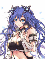 Rule 34 | 2girls, :d, :o, arm strap, bare shoulders, black hair, blue eyes, blush, breasts, bridal gauntlets, chibi, cleavage, crop top, large breasts, long hair, mini person, minigirl, multiple girls, navel, neptune (neptunia), neptune (series), next purple, noire (neptunia), on shoulder, open clothes, open mouth, open vest, power symbol, power symbol-shaped pupils, purple hair, purple heart (neptunia), red eyes, shin jigen game neptune vii, simple background, smile, symbol-shaped pupils, twintails, upper body, very long hair, vest, white background, white crow, white vest
