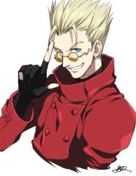 Rule 34 | 1boy, bad id, bad pixiv id, blonde hair, fingerless gloves, gloves, green eyes, grin, jacket, male focus, manly, mole, one eye closed, oui lion, red jacket, simple background, smile, solo, sunglasses, teeth, trigun, vash the stampede