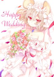 Rule 34 | 1girl, animal ears, bare shoulders, bouquet, breasts, bridal veil, cleavage, collarbone, dress, english text, flower, grey hair, hair between eyes, hair flower, hair ornament, hall jion, jewelry, medium breasts, mouse ears, nazrin, pendant, petals, red eyes, solo, strapless, strapless dress, touhou, veil, wedding dress, white background, white dress