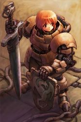 Rule 34 | armor, red hair, shield, short hair, solo, steampunk, sword, weapon