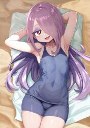Rule 34 | 1girl, armpits, arms up, blue one-piece swimsuit, breasts, domdom, little witch academia, long hair, lying, on back, one-piece swimsuit, pale skin, purple hair, red eyes, sharp teeth, small breasts, solo, sucy manbavaran, swimsuit, teeth