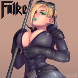 Rule 34 | 1girl, belt, blonde hair, bodysuit, breasts, cleavage, falke (street fighter), gloves, goggles, green eyes, highres, large breasts, lipstick, makeup, polearm, short hair, skin tight, street fighter, street fighter v, tagme, weapon, yureiart