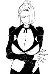 Rule 34 | 1girl, breasts, cleavage, earrings, greyscale, hair over one eye, highres, jewelry, large breasts, lipstick, makeup, mature (kof), monochrome, nail, ryo yo shi, the king of fighters
