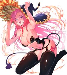 Rule 34 | 1girl, absurdres, arm tattoo, bare shoulders, black hat, black leotard, black thighhighs, blush, breasts, cleavage, cleo (king&#039;s raid), commentary, demon tail, fang, fire, forehead, full body, garter belt, garter straps, gradient hair, hands on headwear, hat, highres, king&#039;s raid, leotard, long hair, looking at viewer, marse (rokudaime), medium breasts, multicolored hair, navel, open mouth, pink eyes, pink hair, pubic tattoo, red hair, seiza, simple background, sitting, smile, solo, stomach, tail, tattoo, thighhighs, thighs, torn clothes, torn thighhighs, two-tone hair, white background, witch hat