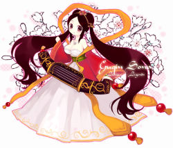 Rule 34 | 1girl, alternate costume, alternate hair color, bare shoulders, breasts, brown hair, character name, cleavage, detached sleeves, dress, earrings, guqin sona, instrument, jewelry, konatsu miyu, large breasts, league of legends, long hair, long sleeves, necklace, smile, solo, sona (league of legends), traditional clothes, twintails, white dress