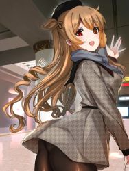 Rule 34 | 1girl, alternate costume, beret, black pantyhose, blush, breasts, brown eyes, coat, hair ornament, hair ribbon, hat, heterochromia, kantai collection, light brown hair, long hair, long sleeves, looking at viewer, murasame (kancolle), open mouth, pantyhose, red eyes, ribbon, scarf, smile, twintails, youmou usagi