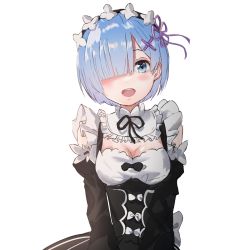 Rule 34 | 1girl, :d, bad id, bad pixiv id, bare shoulders, black dress, black ribbon, blue eyes, blue hair, blush, bow, breasts, cleavage, commentary request, detached sleeves, dress, dress bow, flower knot, frilled sleeves, frills, hair ornament, hair over one eye, hair ribbon, highres, looking at viewer, maid, maid headdress, medium breasts, neck ribbon, open mouth, re:zero kara hajimeru isekai seikatsu, rem (re:zero), ribbon, ribbon-trimmed sleeves, ribbon trim, roswaal mansion maid uniform, short hair, silence (rebirth 310), simple background, smile, solo, teeth, upper body, upper teeth only, v arms, white background, white bow, x hair ornament
