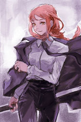 Rule 34 | 1girl, black jacket, black necktie, black pants, braid, braided ponytail, breasts, business suit, chainsaw man, collared shirt, formal, high-waist pants, highres, holding, holding sword, holding weapon, jacket, long sleeves, looking at viewer, makima (chainsaw man), medium breasts, medium hair, necktie, neckwear request, pants, ringed eyes, roncele, shirt, shirt tucked in, simple background, solo, suit, sword, weapon, yellow eyes