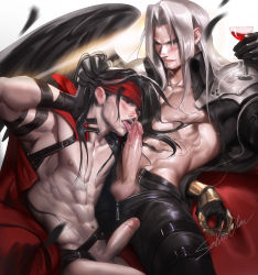 Rule 34 | 1990s (style), 2boys, abs, alcohol, bara, black hair, drooling, final fantasy, final fantasy vii, green eyes, highres, licking, long hair, looking at viewer, male focus, multiple boys, muscular, nude, pectorals, penis, red eyes, sakimichan, saliva, sephiroth, topless male, silver hair, testicles, uncensored, undressing, vincent valentine, wings, yaoi