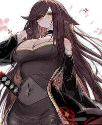 Rule 34 | animal ears, bare shoulders, breasts, choker, cleavage, earrings, flower, fox ears, heterochromia, highres, japanese clothes, jewelry, katana, kimono, large breasts, long hair, looking at viewer, mole, mole under eye, navel, off-shoulder kimono, original, red eyes, see-through, sword, usa37107692, very long hair, weapon, wide hips, yellow eyes