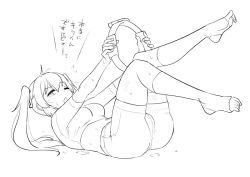 Rule 34 | 1girl, bike shorts, blush, breasts, crop top, flying sweatdrops, greyscale, holding, kantai collection, kneehighs, long hair, lying, medium breasts, monochrome, murasame (kancolle), on back, one eye closed, open mouth, ring-con, ring fit adventure, short sleeves, shorts, simple background, sketch, socks, solo, sweat, tamu (mad works), twintails