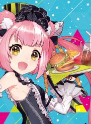 Rule 34 | 1girl, :d, animal ears, armpits, bare shoulders, bear ears, black dress, blue background, breasts, detached sleeves, dress, fang, food, from behind, green eyes, burger, hand up, hat, holding, holding tray, long sleeves, looking at viewer, looking back, mika pikazo, multicolored hair, open mouth, original, pink hair, pink pupils, short hair, skin fang, small breasts, smile, solo, streaked hair, tray