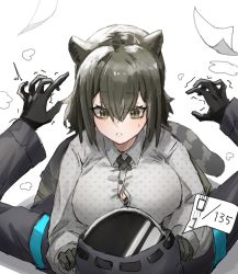 Rule 34 | 1girl, 1other, animal ears, arknights, arms up, black bra, black coat, black gloves, blush, bra, bra peek, breast press, breasts, brown eyes, brown hair, coat, cross tie, doctor (arknights), freckles, girl on top, gloves, grey shirt, highres, horn/wood, large breasts, long hair, long sleeves, looking at another, lying, motion lines, on back, parted lips, polka dot, polka dot shirt, raccoon ears, raccoon girl, raccoon tail, robin (arknights), shirt, simple background, speech bubble, sweatdrop, tail, trembling, underwear, white background