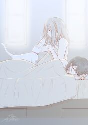 Rule 34 | 2girls, aftersex, bed, black hair, blanket, blonde hair, cat, couple, covering with blanket, highres, lying, morning, multiple girls, on bed, original, pillow, saone kushima, shared blanket, signature, sleeping, under covers, waking up, yuri