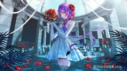 Rule 34 | 1girl, alternate costume, alternate hairstyle, blunt bangs, bouquet, braid, candle, candlestand, commentary, copyright name, demon tail, dome, dress, elbow gloves, fern, fire, fire, floral print, flower, gloves, green eyes, hair flower, hair ornament, highres, holding, holding bouquet, hololive, lace, lace-trimmed dress, lace trim, long hair, looking at viewer, nekoyama iori, pool, purple hair, red flower, side braid, sidelocks, solo, standing, tail, tokoyami towa, vase, very long hair, virtual youtuber, wading, water, white dress