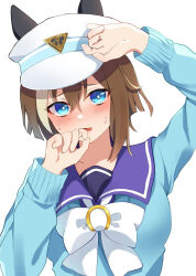 Rule 34 | 1girl, animal ears, arm up, blue eyes, blue sweater, blush, bow, brown hair, cheval grand (umamusume), commentary request, hair between eyes, hat, highres, horse ears, horse girl, kaoru (h8qm9), long sleeves, looking at viewer, medium hair, multicolored hair, open mouth, peaked cap, purple shirt, sailor collar, school uniform, shirt, simple background, solo, streaked hair, sweatdrop, sweater, tracen school uniform, umamusume, white background, white bow, white hair, white hat